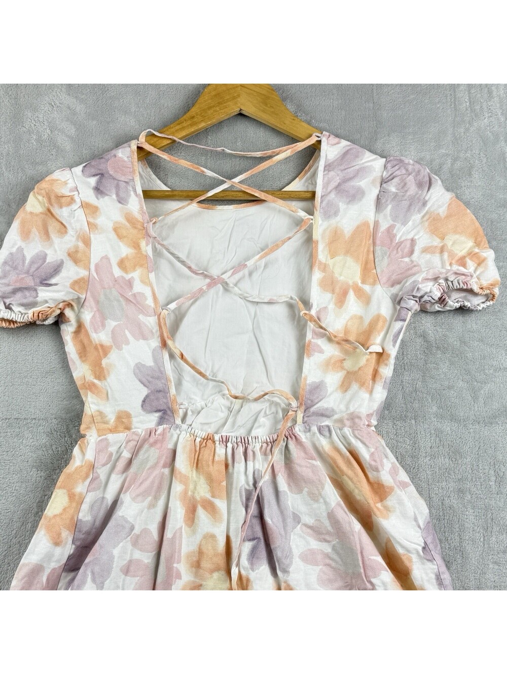 Sunday Best Women Size 2 Floral Linen Cotton Puff Sleeve Mini Dress Pastel Soft - Picture 9 of 10